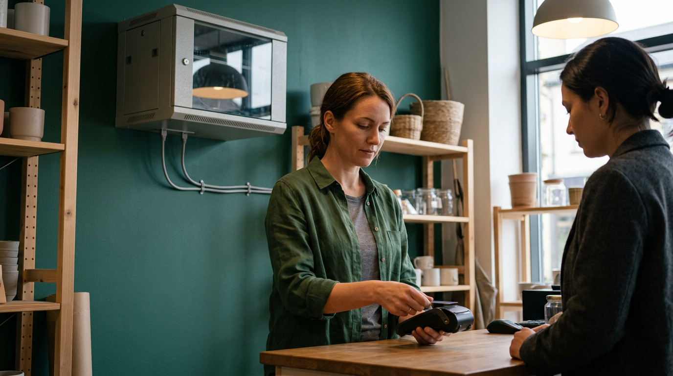 A shop owner taps a customer's card on a payment reader at the counter, with a wall-mounted network cabinet and two cables behind her.